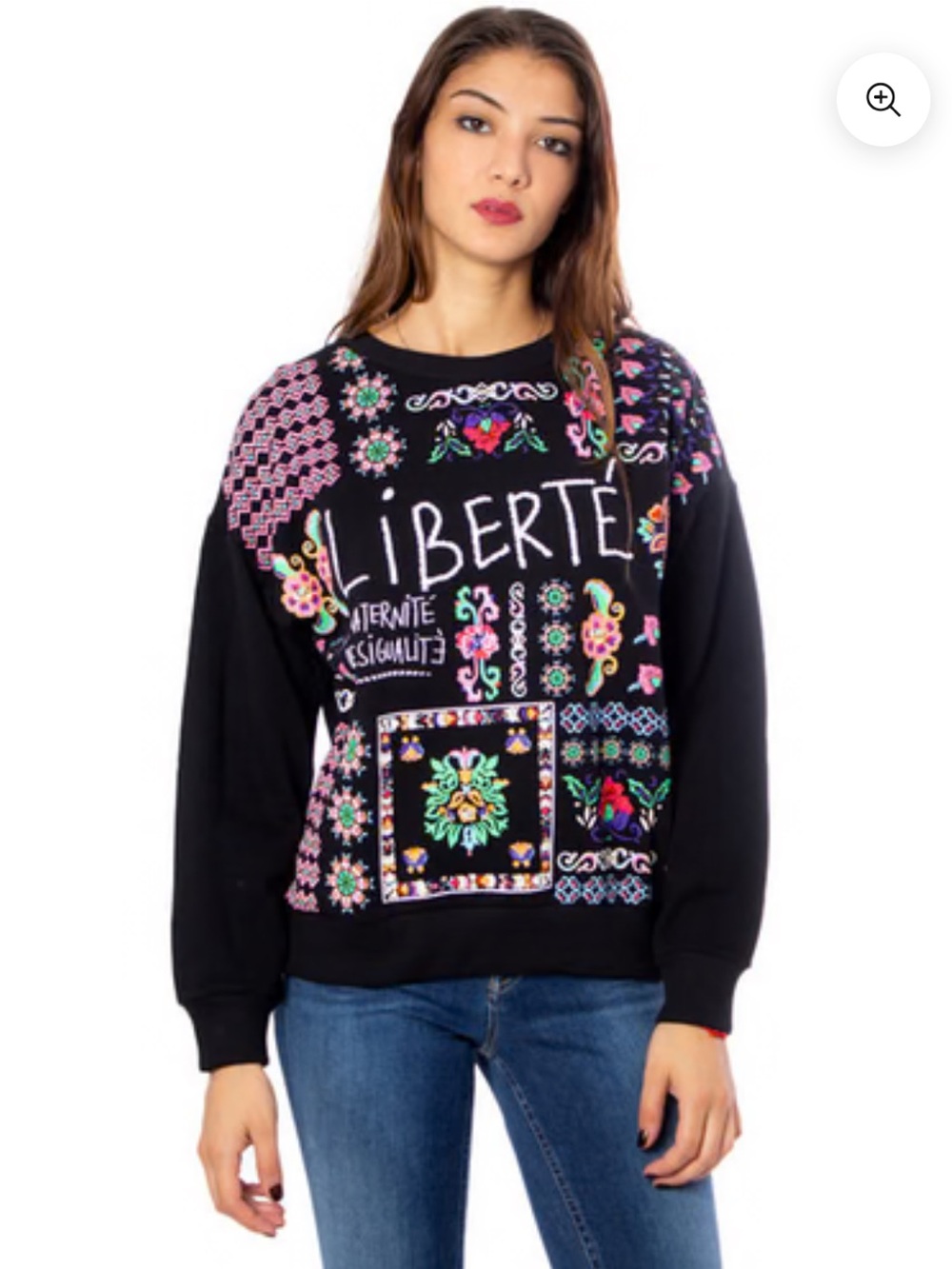 NEW Desigual Liberte Black Sweatshirt with Multicolor Floral Embroidery Size XL